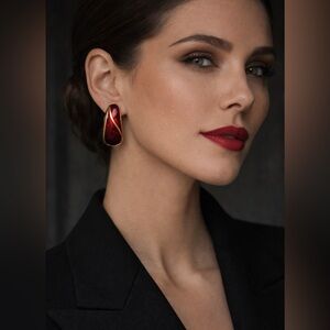 Vintage Trifari Red Enamel Gold Tone Earrings Signed Oval Teardrop Classic 80s